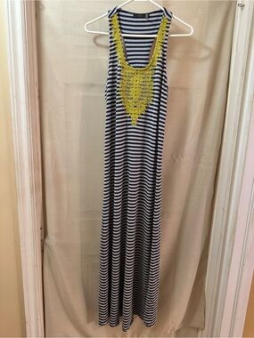 THML Navy Grey Striped Maxi Dress Yellow Embroidered Racerback Boho Medium